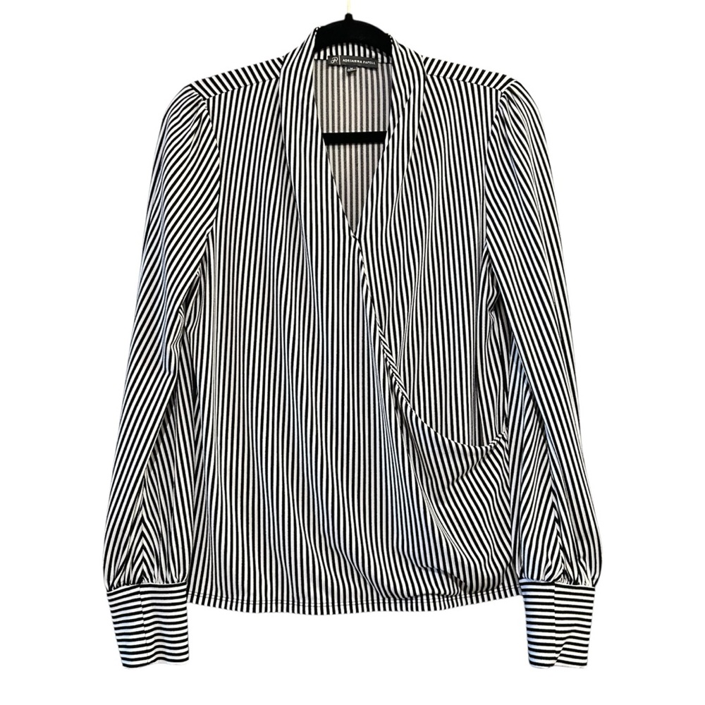 ADRIANNA PAPELL Surplice Faux Wrap Striped Blouse Long Sleeves Size Medium